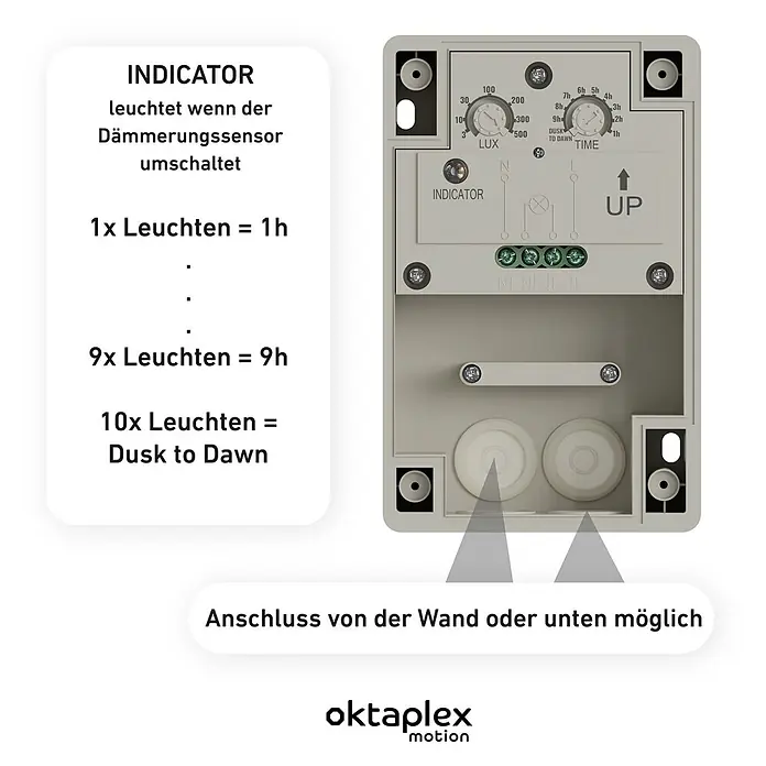 Oktaplex Motion Bewegungsmelder Bela - Weiß, L x B x H: 41 x 70 x 109 mm - Ein hellgrauer Dämmerungssensor mit einstellbaren LUX- und Zeit-Drehreglern, Anschlussklemmen und einer Anzeige für Zeiteinstellungen, einschließlich 'Dusk to Dawn'.