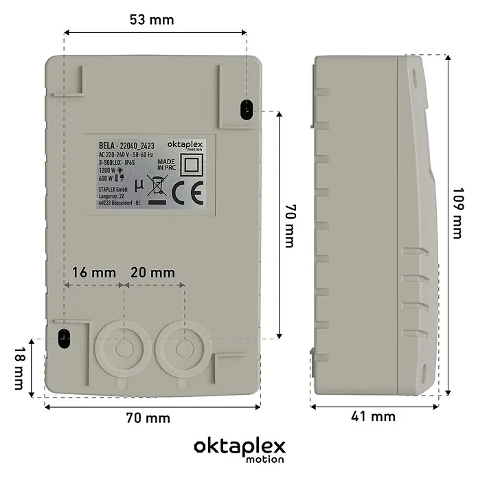 Oktaplex Motion Bewegungsmelder Bela - Weiß, L x B x H: 41 x 70 x 109 mm - Hellgraues Oktaplex Bewegungssteuergerät mit Maßen 109x70x41 mm und technischen Angaben.