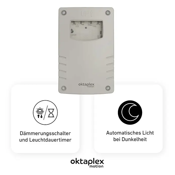 Oktaplex Motion Bewegungsmelder Bela - Weiß, L x B x H: 41 x 70 x 109 mm - Helles rechteckiges oktaplex Bewegungsmeldergerät mit Dämmerungsschalter- und Leuchtdauertimer-Funktion für automatisches Licht.