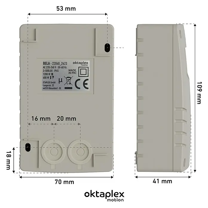 Oktaplex Motion Bewegungsmelder Bela - Weiß, L x B x H: 41 x 70 x 109 mm - Hellgraues Kunststoff-Steuergerät mit technischen Angaben und Maßen, wahrscheinlich ein Bewegungssensor oder Lichtschalter.
