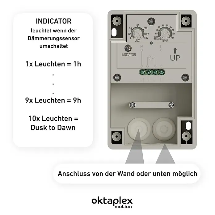 Oktaplex Motion Bewegungsmelder Bela - Weiß, L x B x H: 41 x 70 x 109 mm - Hellesgraues Dämmerungsschaltergehäuse mit LUX- und TIME-Reglern, Indikator und Anschlüssen.