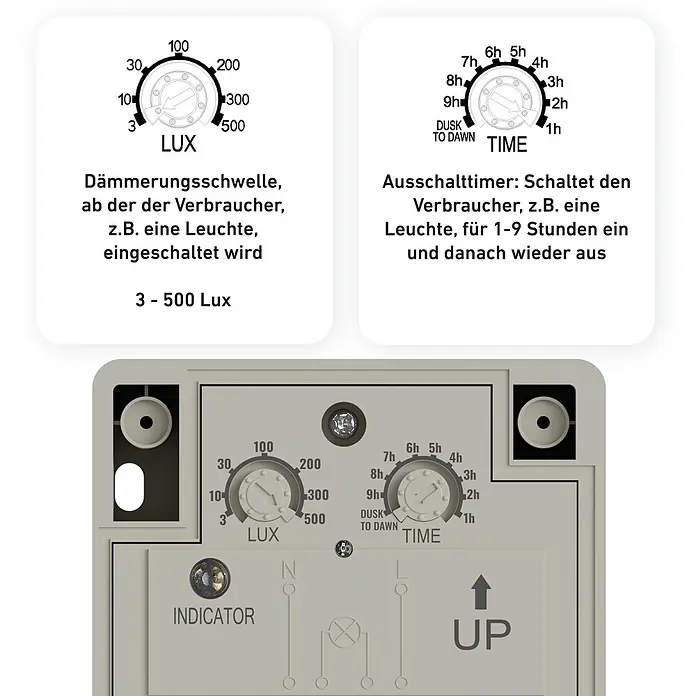 Oktaplex Motion Bewegungsmelder Bela - Weiß, L x B x H: 41 x 70 x 109 mm - Hellesgraues Lichtsensor-Schaltgerät mit einstellbaren LUX- und Zeit-Reglern für automatisches Einschalten und Zeitschaltung.