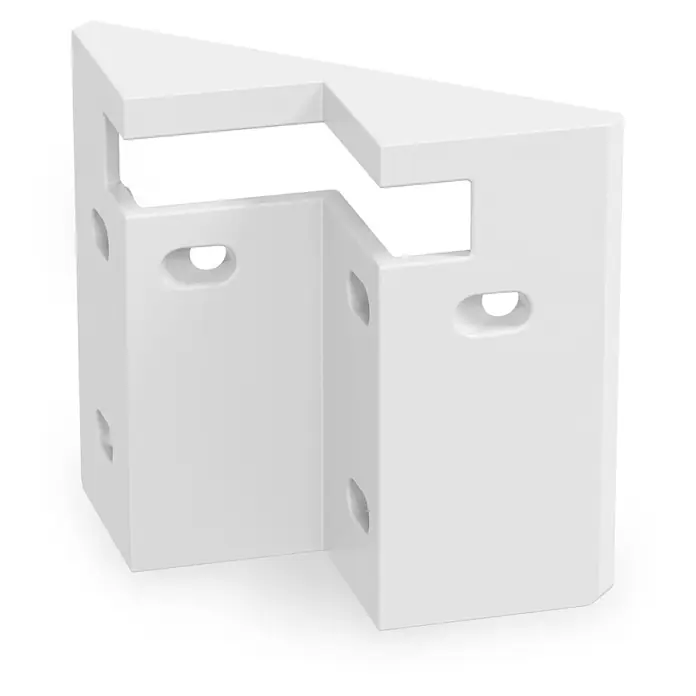 Oktaplex Motion Bewegungsmelder Eva - L x B x H: 24 x 75 x 62 mm - Weißer L-förmiger Eckverbinder mit Aussparungen und ovalen Befestigungslöchern.