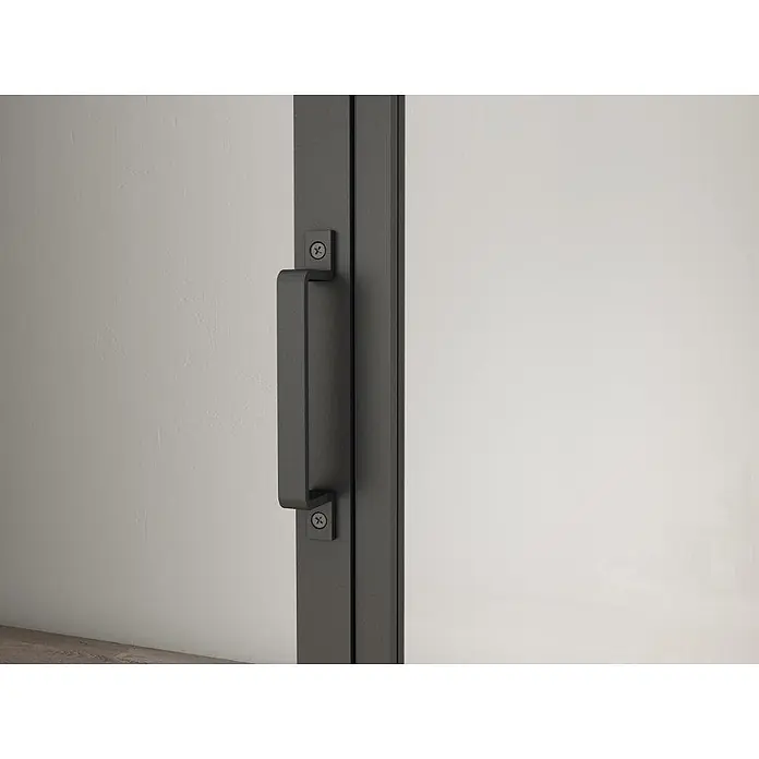 Glasschiebetür Loft Komplettset ESG Satiniert 3 Felder Softclose 880x2035 -  - Dunkelgrauer Metall-Zuggriff mit sichtbaren Sternschrauben an einem Türrahmen.
