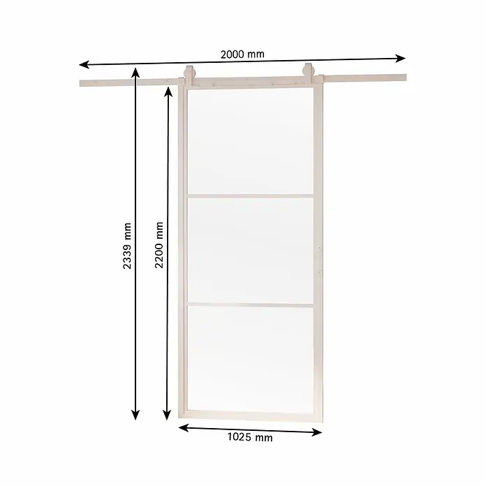 Glasschiebetür Loft Komplettset ESG Klarglas 3 Felder mit Softclose -  - Schiebetür aus hellem Holz mit Glaspaneelen und Laufschiene. Maße: Schiene 2000mm, Tür 1025x2200mm, Gesamthöhe 2339mm.