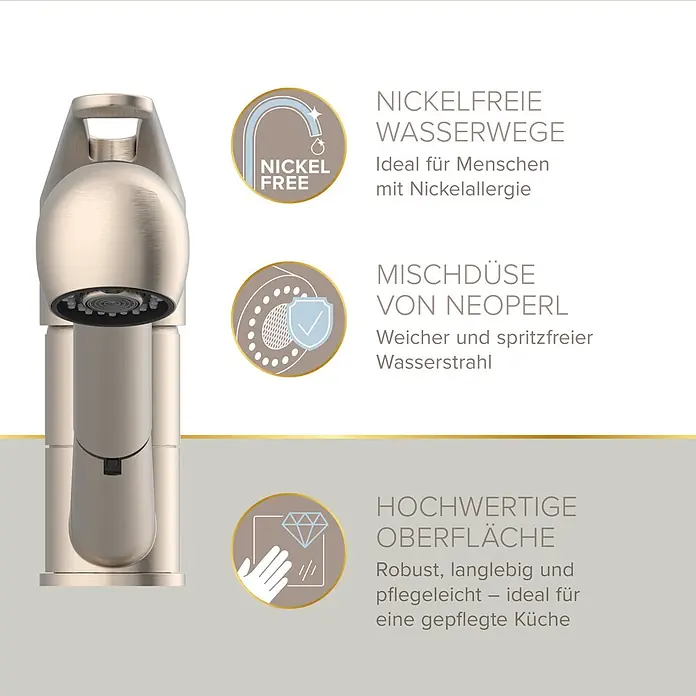 Lenz Spültischarmatur Kela - Hochdruck, Nickel, Matt, Mit Handbrause - Eine moderne Küchenarmatur aus gebürstetem Nickel mit integriertem Strahlregler.