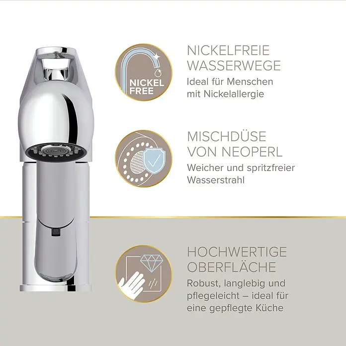 Lenz Spültischarmatur Kela - Hochdruck, Chrom, Glänzend, Mit Handbrause - Chromarmatur mit nickelfreien Wasserwegen und Neoperl-Mischdüse für sanften, spritzfreien Strahl. Robuste, pflegeleichte Oberfläche.