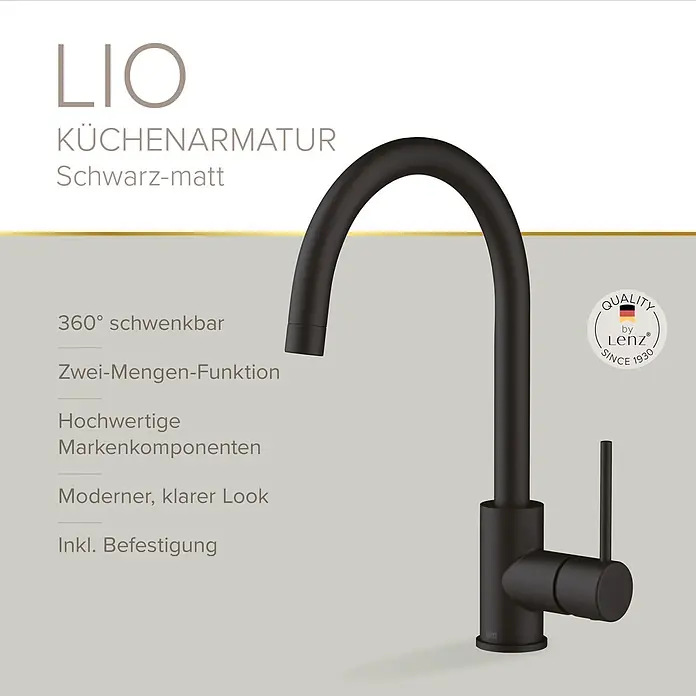 Lenz Spültischarmatur Lio - Schwarz, Matt - Schwarze matte Küchenarmatur von Lenz, 360° schwenkbar mit Zwei-Mengen-Funktion.