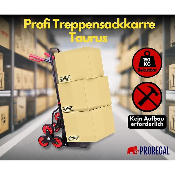 PROREGAL Treppensteiger TAURUS | 120 kg | klappbar | Expanderseil | Rot -  - Schwarze und rote Profi Treppensackkarre Taurus mit drei Kartons in einem Lager. 150 kg belastbar, kein Aufbau erforderlich.