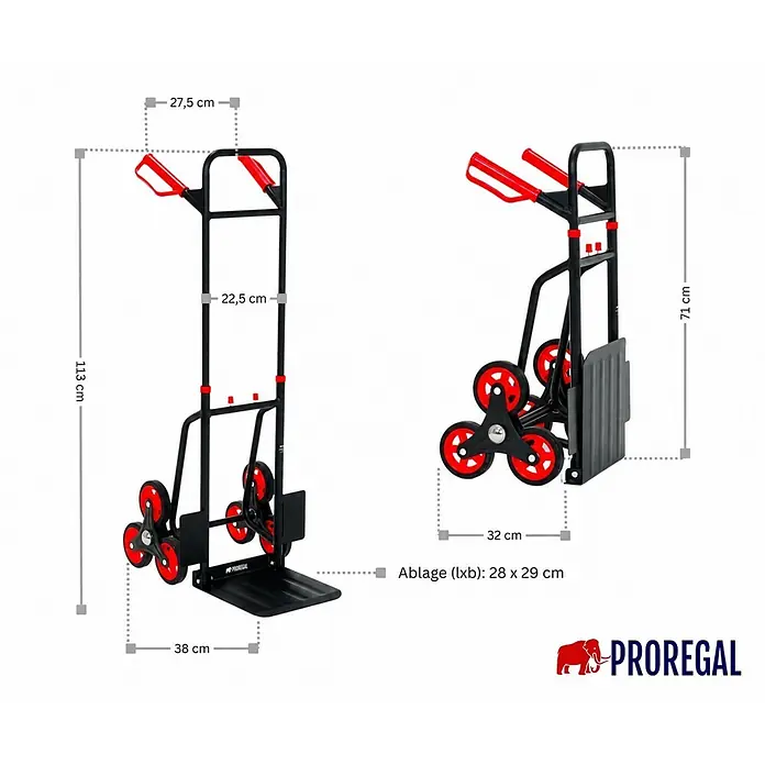 PROREGAL Treppensteiger TAURUS | 120 kg | klappbar | Expanderseil | Rot -  - Schwarze Treppenkarre mit roten Griffen und Sechsrad-Design, mit Maßen dargestellt.