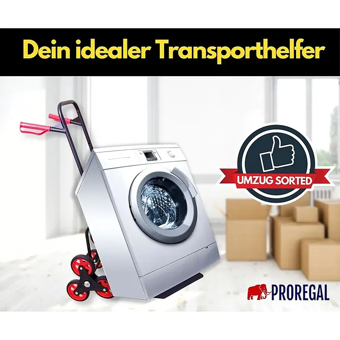 PROREGAL Treppensteiger TAURUS | 120 kg | klappbar | Expanderseil | Rot -  - Rote und schwarze Treppenkarre mit Sternrädern transportiert eine weiße Waschmaschine bei einem Umzug.