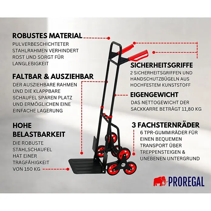 PROREGAL Treppensteiger TAURUS | 120 kg | klappbar | Expanderseil | Rot -  - Schwarze, klappbare Sackkarre mit roten Sicherheitsgriffen und 3-Sternrädern für Treppen, belastbar bis 150 kg.