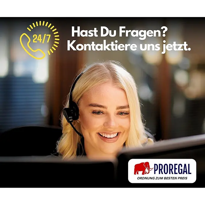 PROREGAL Treppensteiger TAURUS | 120 kg | klappbar | Expanderseil | Rot -  - Lächelnde Call-Center-Mitarbeiterin mit Headset, 24/7-Telefon-Symbol, Text „Hast Du Fragen? Kontaktiere uns jetzt.“ und PROREGAL Logo.