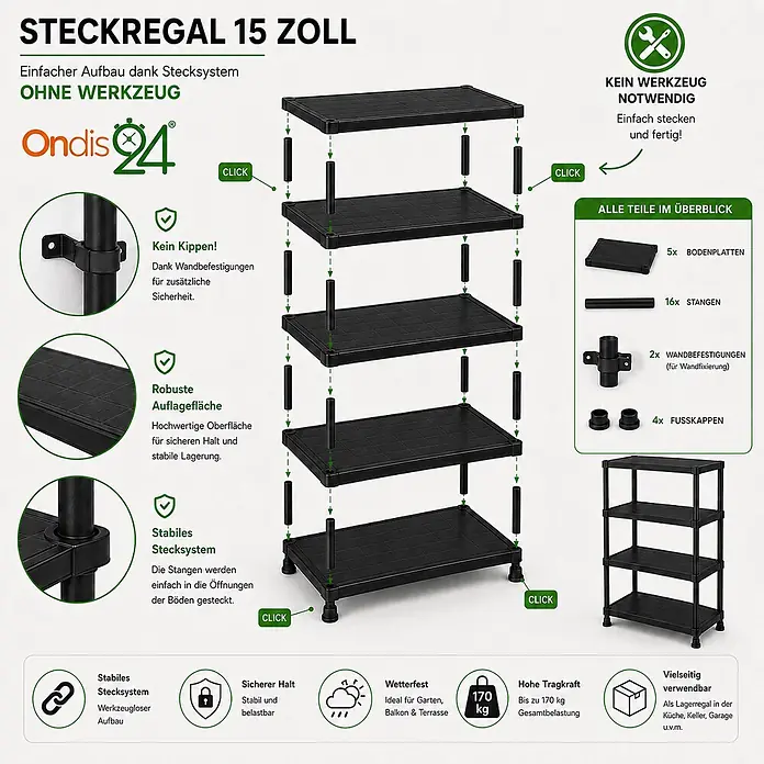 Ondis24 2x15" Regal 71x35x180 -  - Schwarzes Kunststoff-Steckregal, 15 Zoll, mit fünf modularen Böden. Werkzeuglose Montage für flexible Lagerung.