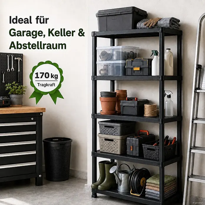 Ondis24 2x15" Regal 71x35x180 -  - Schwarzes 5-stöckiges Kunststoffregal in einer Garage, beladen mit Werkzeugen und Aufbewahrungsboxen. 170 kg Tragkraft.