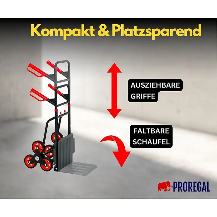 PROREGAL Treppensteiger TAURUS | 120 kg | klappbar | Expanderseil | Rot -  - Schwarze und rote Sackkarre mit ausziehbaren Griffen und klappbarer Ladefläche, mit 6-Rad-Treppensteiger-Design.