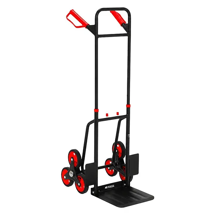 PROREGAL Treppensteiger TAURUS | 120 kg | klappbar | Expanderseil | Rot -  - Schwarze Sackkarre mit roten Griffen und Treppensteigrädern. Zum einfachen Transport von Gütern über Treppen.