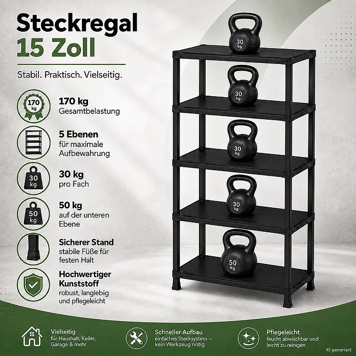 Ondis24 2x15" Regal 71x35x180 -  - Schwarzes fünfstufiges Kunststoff-Steckregal, stabil und leicht montierbar, ideal für vielseitige Lagerung.