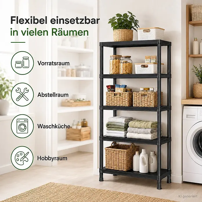 Ondis24 2x15" Regal 71x35x180 -  - Schwarzes 5-stöckiges Kunststoffregal im Haushalt, zur Aufbewahrung von Handtüchern, Lebensmitteln und Vorräten.