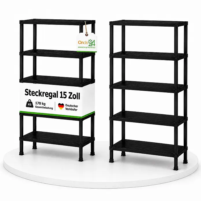 Ondis24 2x15" Regal 71x35x180 -  - Zwei schwarze Kunststoff-Steckregale, eines mit Informationsetikett.
