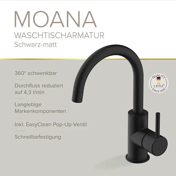 Lenz Waschtischarmatur Moana - Höhe: 24,5 cm, Ausladung Armatur: 171 mm, Schwarz, Matt - Schwarze, matte Waschtischarmatur mit gebogenem Auslauf.