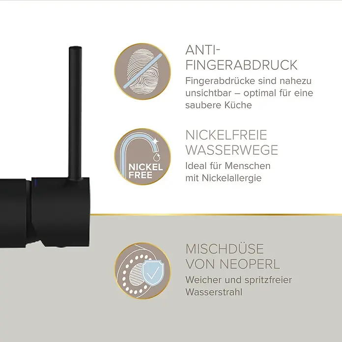 Lenz Spültischarmatur Kalani 2 - Schwarz, Matt, Höhe: 46 cm, Messing - Schwarze Küchenarmatur mit Anti-Fingerabdruck-Oberfläche, nickelfreien Wasserwegen und Neoperl-Mischdüse für spritzfreien Strahl.