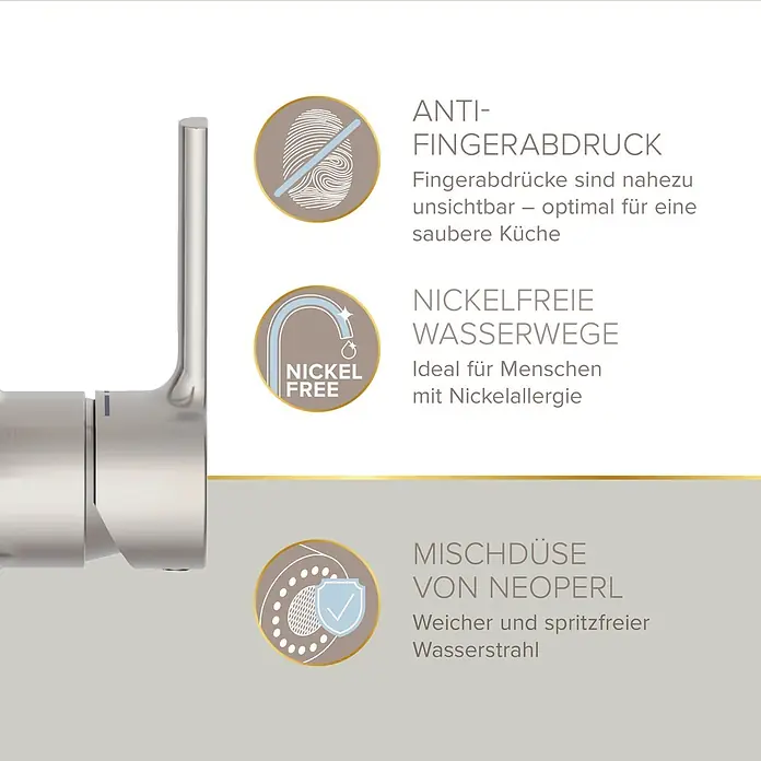 Lenz Spültischarmatur Aluna - Edelstahl, Matt - Armatur aus gebürstetem Metall; Grafik hebt Anti-Fingerabdruck, nickelfreie Wasserwege und Neoperl-Mischdüse für sanften, spritzfreien Wasserstrahl hervor.