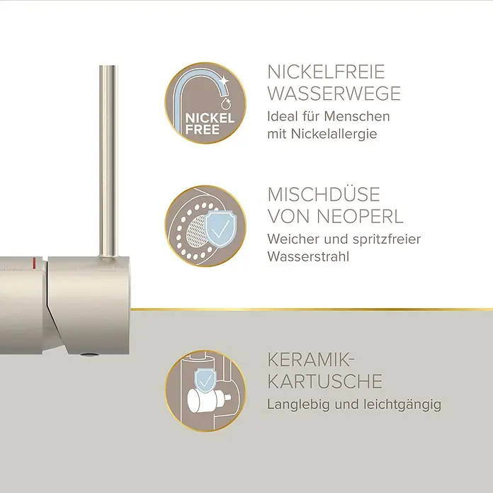 Lenz Spültischarmatur Kalani 2 - Nickel, Matt, Höhe: 46 cm, Messing - Ein Wasserhahn aus gebürstetem Metall mit drei hervorgehobenen Merkmalen: nickelfreie Wasserwege, ein Neoperl-Strahlregler und eine langlebige Keramikkartusche.