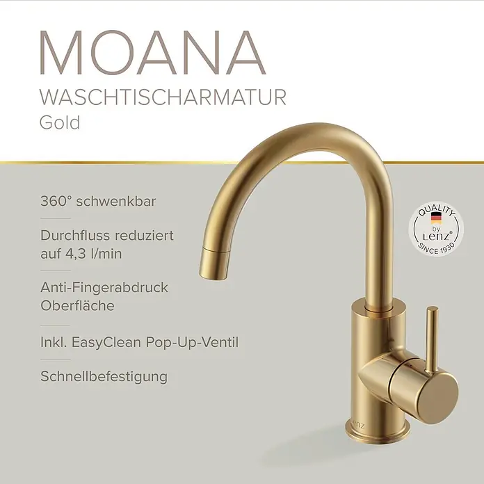 Lenz Waschtischarmatur Moana - Höhe: 24,5 cm, Ausladung Armatur: 171 mm, Gold, Matt - Eine mattgoldene Moana Waschtischarmatur mit gebogenem Auslauf und Einhebelgriff.