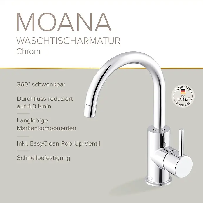Lenz Waschtischarmatur Moana - Höhe: 24,5 cm, Ausladung Armatur: 171 mm, Chrom, Glänzend - Chrom-Waschtischarmatur Moana von Lenz.