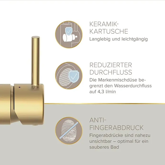 Lenz Waschtischarmatur Moana - Höhe: 24,5 cm, Ausladung Armatur: 171 mm, Gold, Matt - Goldfarbene Armatur mit langlebiger Keramikkartusche, wassersparendem Durchfluss und Anti-Fingerabdruck-Oberfläche.