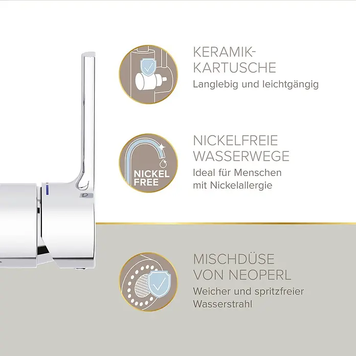 Lenz Spültischarmatur Aluna - Chrom, Glänzend - Nahaufnahme eines Chrom-Wasserhahns mit Keramikkartusche, nickelfreien Wasserwegen und Neoperl-Mischdüse für sanften Strahl.