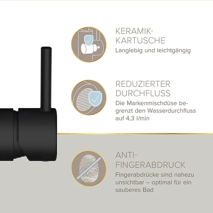 Lenz Waschtischarmatur Moana - Höhe: 24,5 cm, Ausladung Armatur: 171 mm, Schwarz, Matt - Schwarz matter Wasserhahn mit Keramikkartusche, reduziertem Wasserdurchfluss (4,3 l/min) und Anti-Fingerabdruck-Beschichtung.