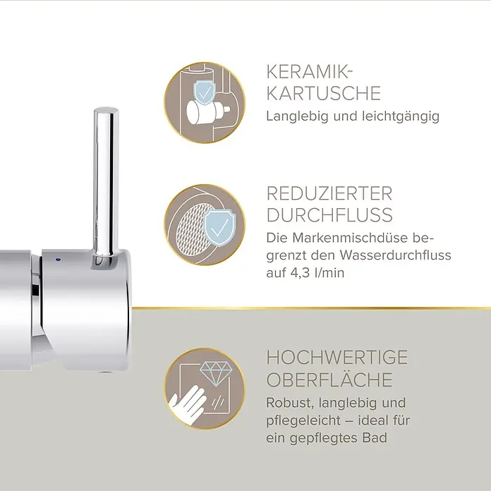 Lenz Waschtischarmatur Moana - Höhe: 24,5 cm, Ausladung Armatur: 171 mm, Chrom, Glänzend - Verchromte Armatur mit Keramikkartusche, reduziertem Wasserdurchfluss (4,3 l/min) und robuster, pflegeleichter Oberfläche.