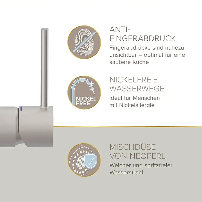 Lenz Spültischarmatur Kalani 2 - Edelstahl, Matt, Höhe: 46 cm, Messing - Küchenarmatur aus gebürstetem Metall: Anti-Fingerprint, nickelfreie Wasserwege, Neoperl Mischdüse für weichen, spritzfreien Strahl.