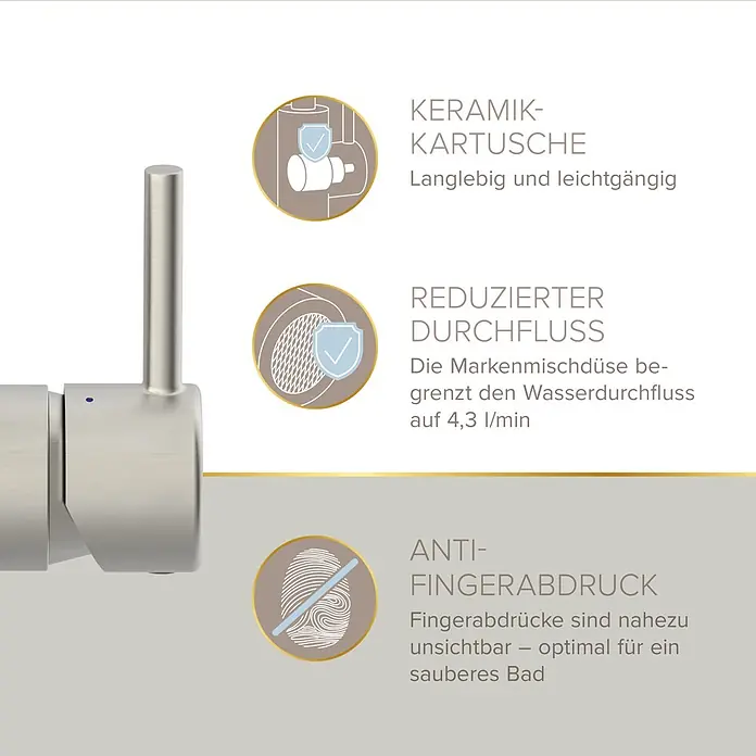 Lenz Waschtischarmatur Moana - Höhe: 24,5 cm, Ausladung Armatur: 171 mm, Edelstahl, Matt - Gebürsteter Wasserhahn mit langlebiger Keramikkartusche, sparsamem Durchfluss und Anti-Fingerabdruck-Oberfläche.