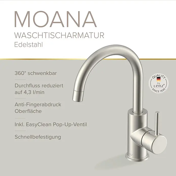 Lenz Waschtischarmatur Moana - Höhe: 24,5 cm, Ausladung Armatur: 171 mm, Edelstahl, Matt - Moderne Waschtischarmatur aus gebürstetem Edelstahl mit Einhebelmischer.