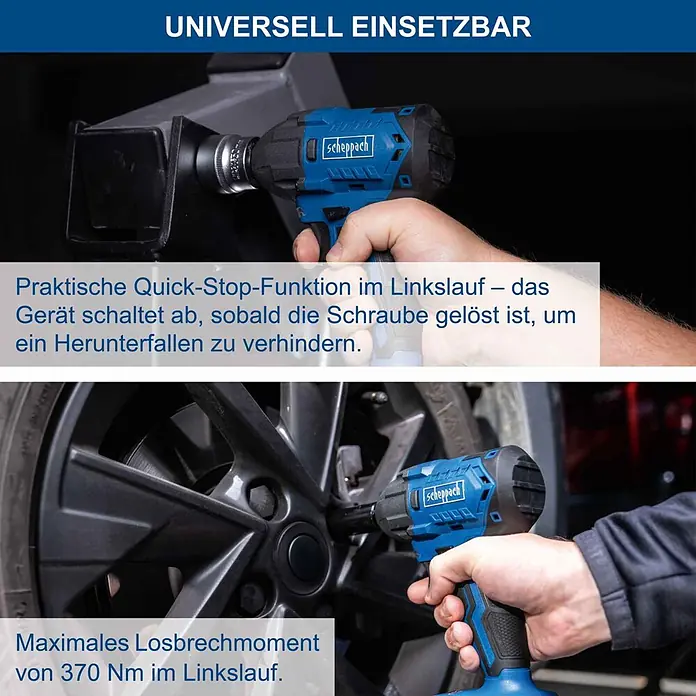 Scheppach IXES 20V Akku-Schlagschrauber BC-IW350-X - 20 V, Ohne Akku, 370 Nm - Ein blauer Scheppach Akku-Schlagschrauber löst eine Radmutter von einem Autorad, demonstrierend seine Quick-Stop-Funktion und 370 Nm Losbrechmoment.