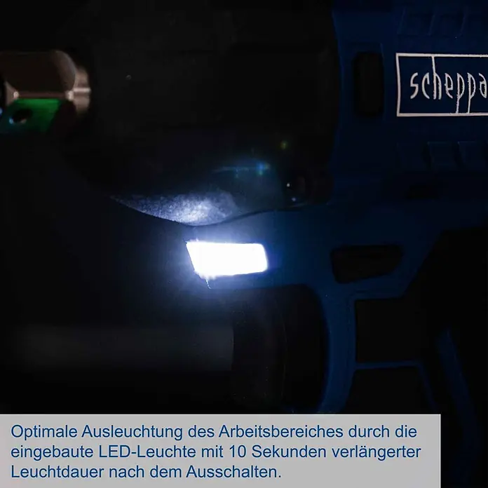 Scheppach IXES 20V Akku-Schlagschrauber BC-IW350-X - 20 V, Ohne Akku, 370 Nm - Blaues Scheppach Elektrowerkzeug mit leuchtender LED-Lampe, die den Arbeitsbereich erhellt.