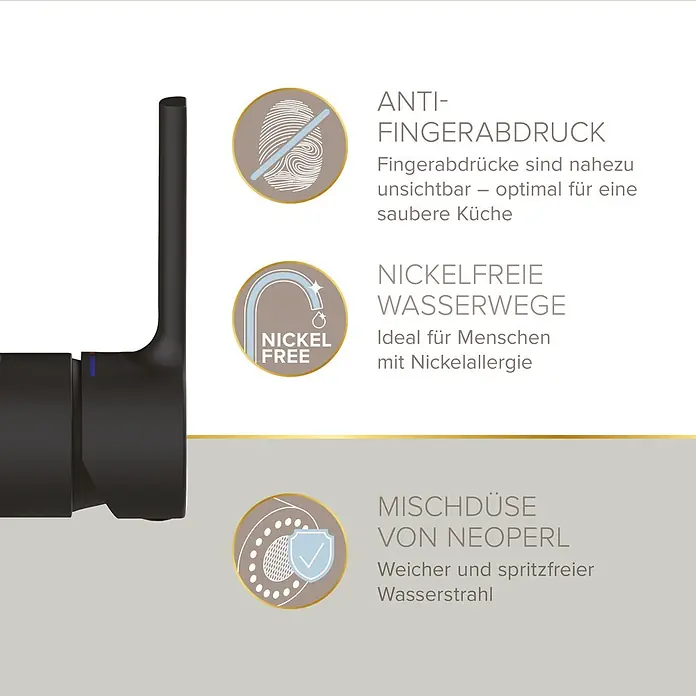 Lenz Spültischarmatur Aluna - Schwarz, Matt - Dunkle Küchenarmatur mit Anti-Fingerabdruck-Oberfläche, nickelfreien Wasserwegen und Neoperl-Mischdüse für spritzfreien Strahl.