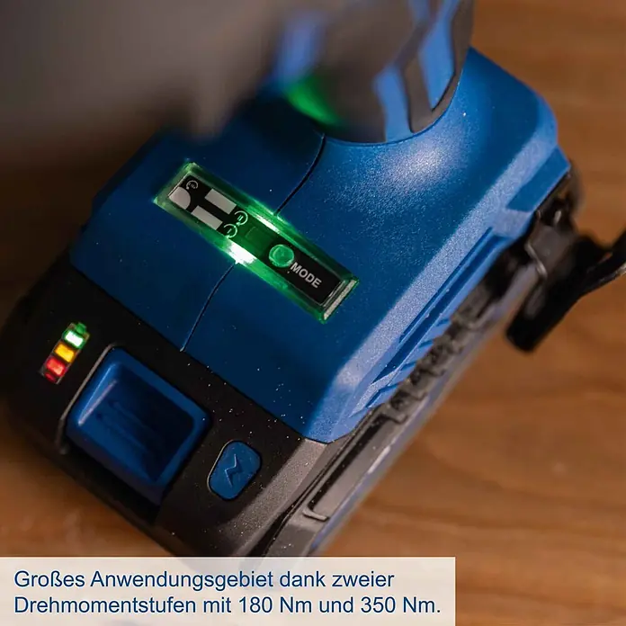 Scheppach IXES 20V Akku-Schlagschrauber BC-IW350-X - 20 V, Ohne Akku, 370 Nm - Blau-schwarzer Akku-Schlagschrauber mit beleuchtetem Modus-Display, Akkuanzeige und 180/350 Nm Drehmoment.