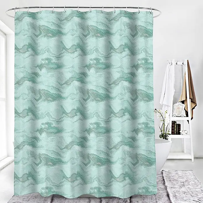 Euroshowers Duschvorhang Ström 180 x 200 cm Wellenmuster Mintgrün -  - Aquagrün Duschvorhang mit marmoriertem Wellenmuster, hängt in einem Badezimmer.