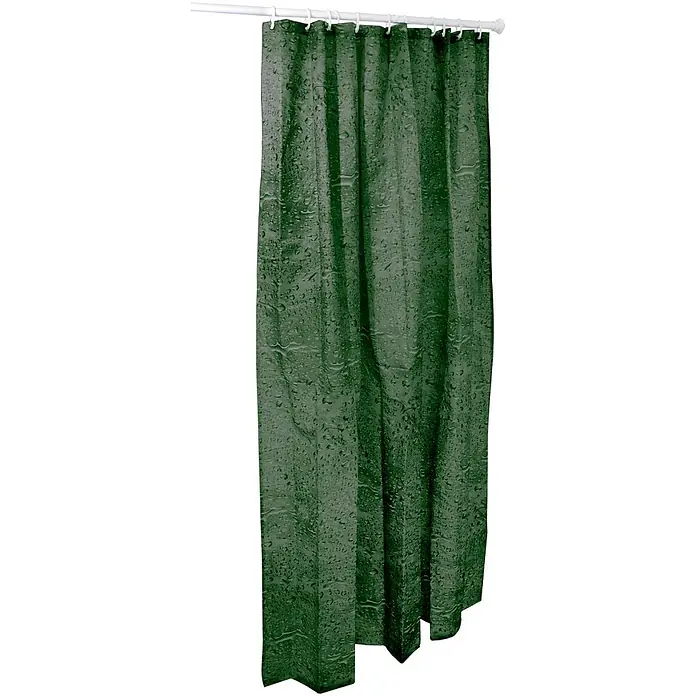 Euroshowers Duschvorhang - B x H: 180 x 200 cm, Polyester - Dunkelgrüner Duschvorhang mit Wassertropfen, an einer weißen Stange hängend.