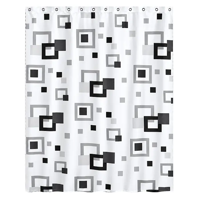 Euroshowers Duschvorhang Frame 180 x 200 cm Quadratmuster Schwarz Grau -  - Weißer Duschvorhang mit modernem schwarz-grauem geometrischem Quadrat- und Rechteckmuster.
