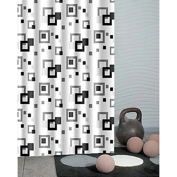 Euroshowers Duschvorhang Frame 180 x 200 cm Quadratmuster Schwarz Grau -  - Duschvorhang mit schwarz-weißem geometrischem Quadratmuster, drapiert.