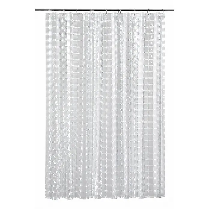 Euroshowers Duschvorhang 3D Squares 10 x 10 cm 180 x 200 cm EVA -  - Transparenter Duschvorhang mit Textur und Gittermuster, an einer Metallstange mit Haken hängend.