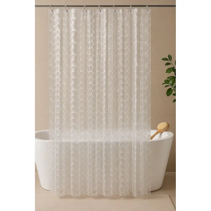 Euroshowers Duschvorhang - B x H: 180 x 200 cm, Kunststoff - Transluzenter weißer Duschvorhang mit quadratischem Muster, hängt an einer Metallstange über einer weißen Badewanne.