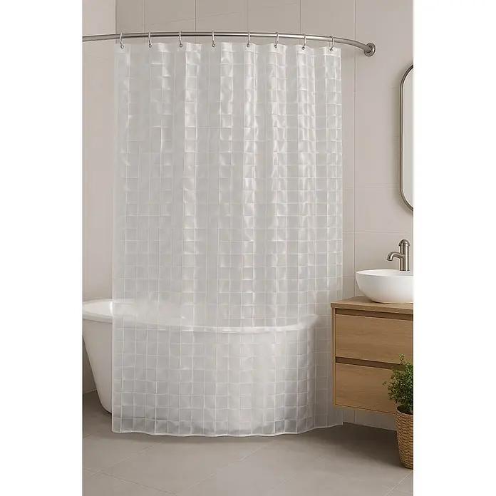 Euroshowers Duschvorhang 3D Squares 10 x 10 cm 180 x 200 cm EVA -  - Transparenter, weißer Duschvorhang aus Kunststoff mit dezentem Karomuster, an einer gebogenen Stange im Bad hängend.