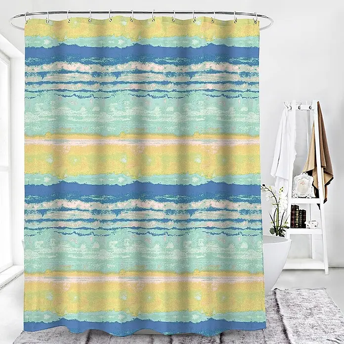 Euroshowers Duschvorhang Strimma 180 x 200 cm Streifenmuster Bunt -  - Duschvorhang mit strukturierten Streifen in Blau, Türkis, Gelb und Rosa, im Badezimmer hängend.