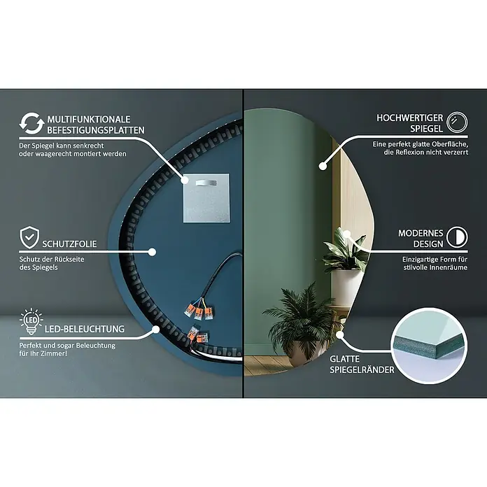 Tulup Wandspiegel -  - Ein beleuchteter, moderner, bogenförmiger Spiegel mit Detailansichten von LED-Beleuchtung, vielseitiger Montage und glatten Kanten.